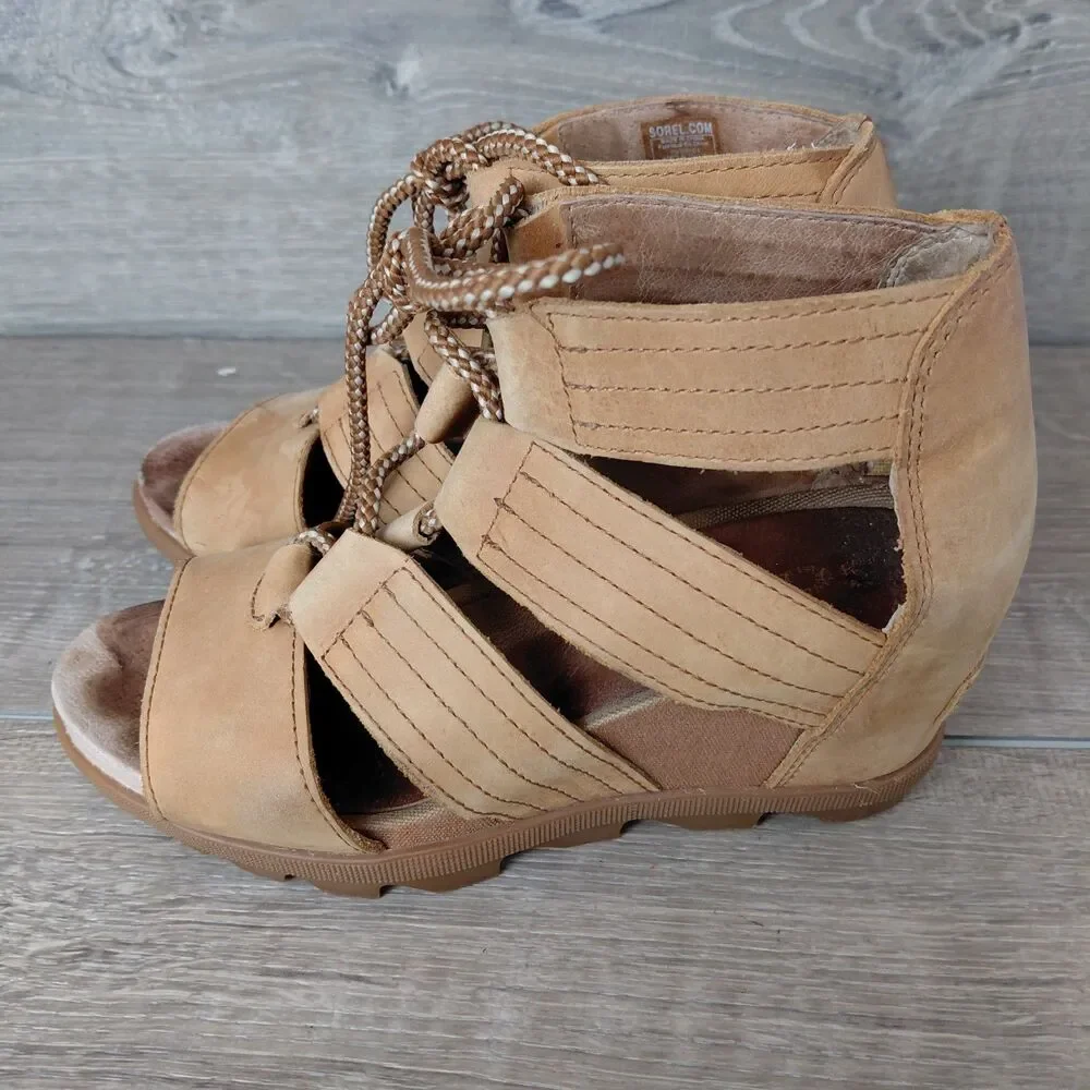 SOREL Sandals Womens 6.5 Tan Joanie II Leather Strappy Lace Up Wedge Heel Shoes